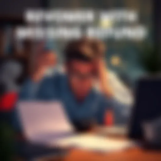 A frustrated customer looking at a phone in distress, symbolizing confusion over a missing €9,000 refund from Revolut Stays, surrounded by paperwork and a laptop.