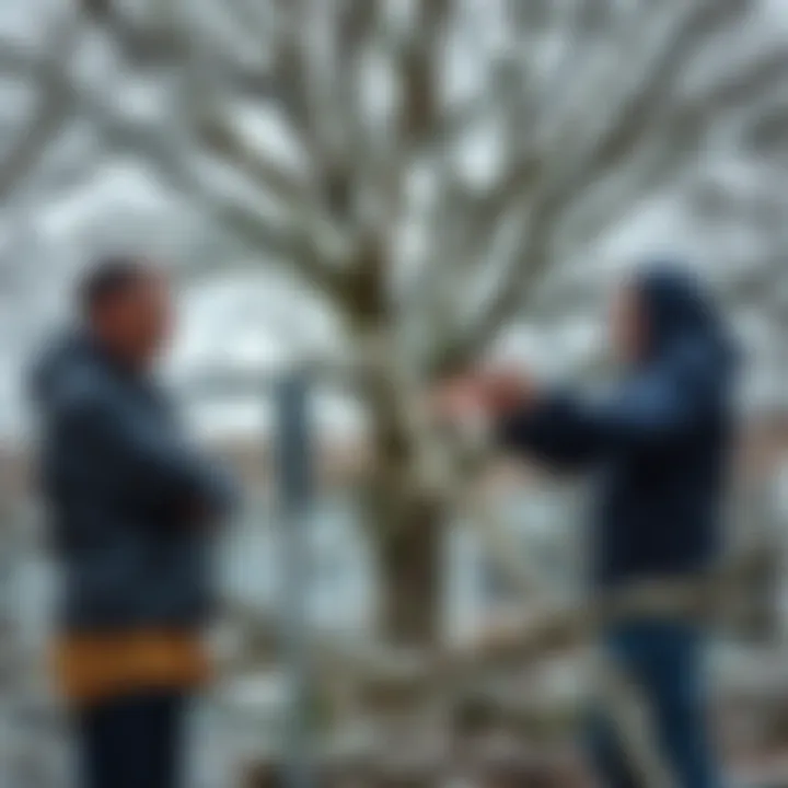 Two customers arguing over fallen branches with a tree in the background