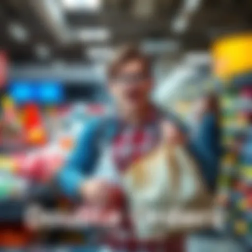 A surprised customer holding two bags of groceries at the checkout counter after a store mix-up