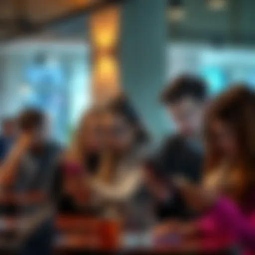 A group of people looking at their smartphones with concerned expressions, discussing bank account transitions, in a modern cafe setting.