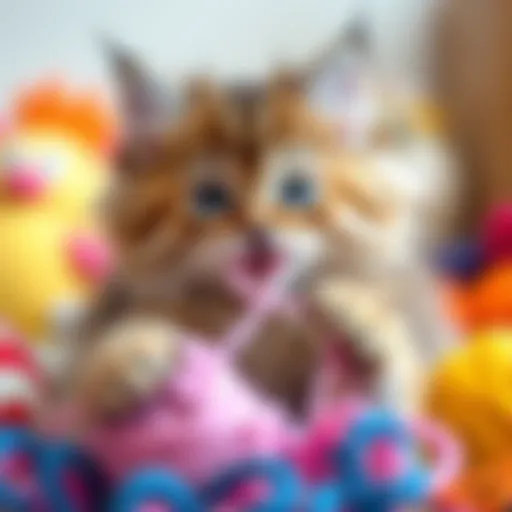 A fluffy cat joyfully playing with a ball of yarn, surrounded by colorful toys.