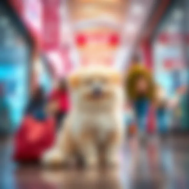 A fluffy pet sitting happily in a mall, drawing smiles from shoppers