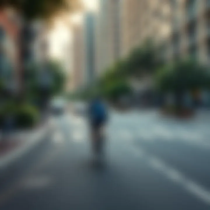 Cyclist riding through a city A person cycling on a bike along a city street surrounded by greenery