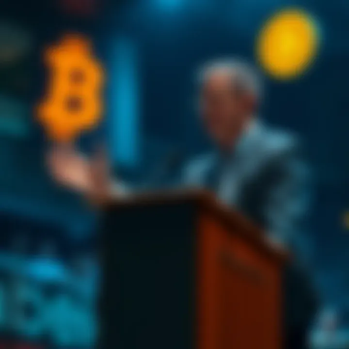 CZ speaking at a podium about adopting Bitcoin as a payment method, with an audience watching, highlighting the importance of digital currency in commerce.