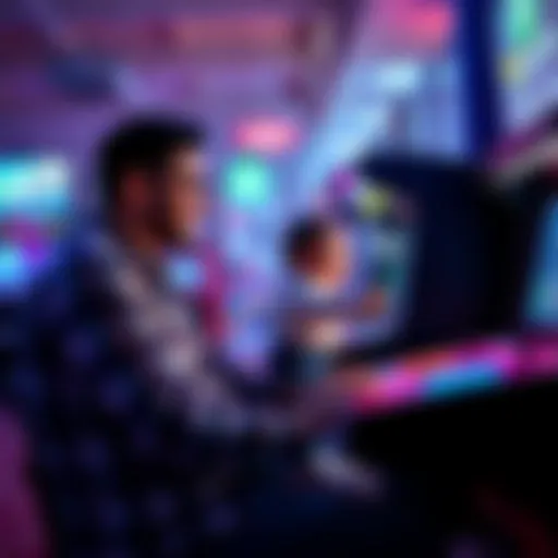 A father playing arcade games while balancing work responsibilities and taking care of a baby