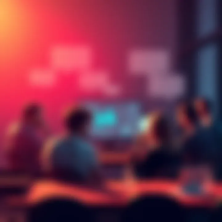A group of people discussing topics online in a forum setting with speech bubbles and a digital screen.