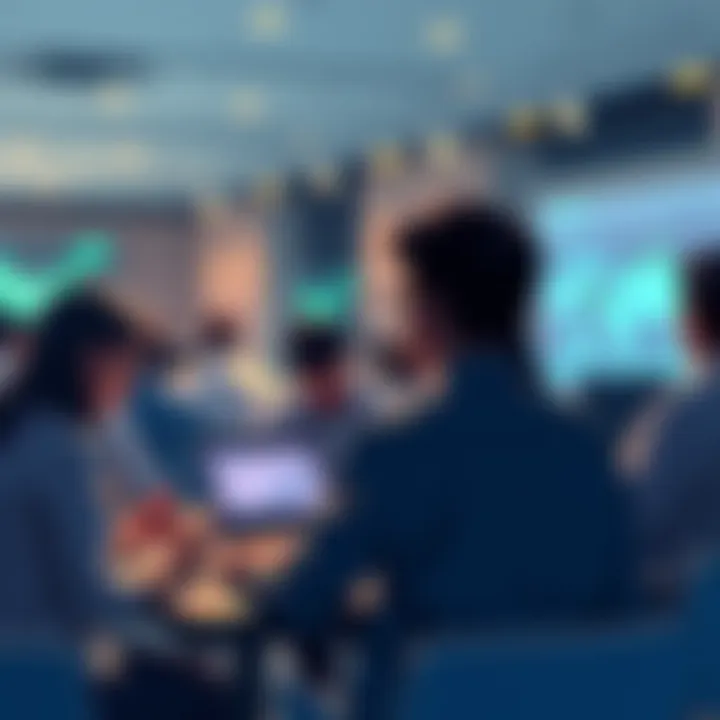 People engaging in a discussion about VeChain with charts and laptops at a community forum.