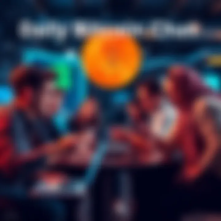 People engaging in a lively discussion about Bitcoin with laptops and smartphones