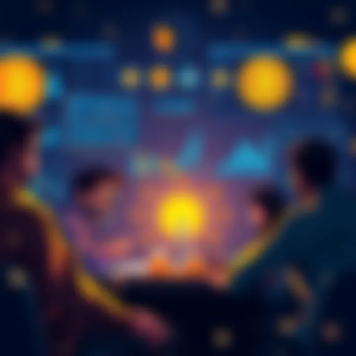 A group of people engaging in a lively Bitcoin discussion online with various charts and graphics related to cryptocurrency in the background.