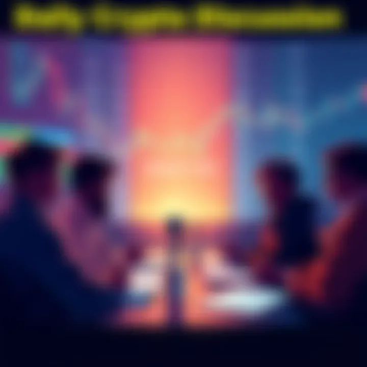 A group of people engaging in a discussion about cryptocurrency on a forum, with charts and numbers in the background representing trading activity.