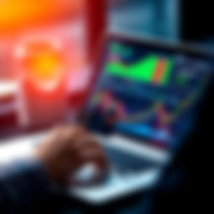 A person analyzing financial charts on a laptop while holding a credit card, representing daily dollar-cost averaging investments.