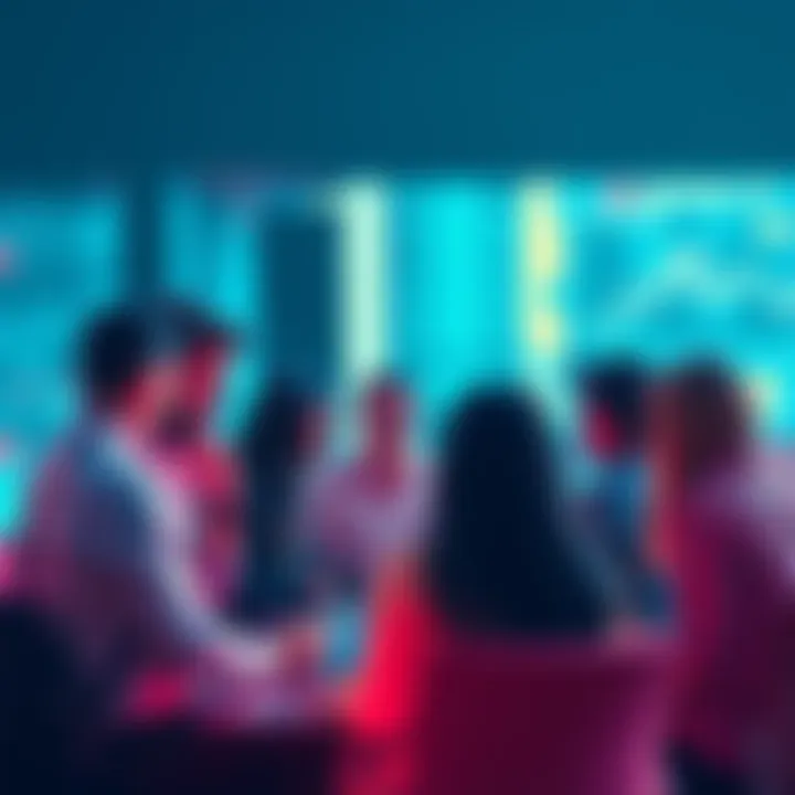 A diverse group of people engaged in a lively discussion about trading and market analysis.