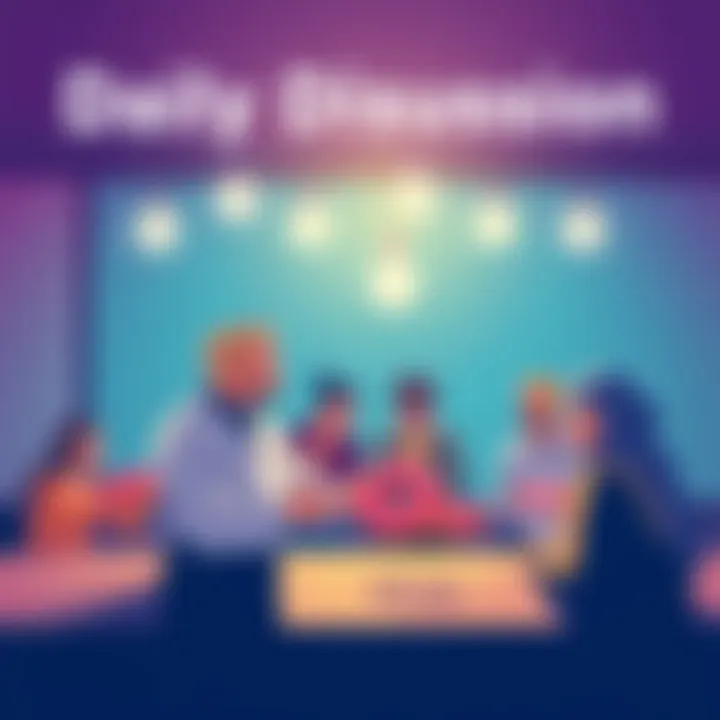 A colorful graphic showing people chatting with donuts, symbolizing community discussion.