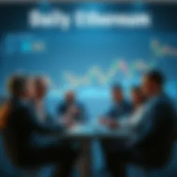 A group of people engaging in a discussion about Ethereum, with charts and price graphs in the background.