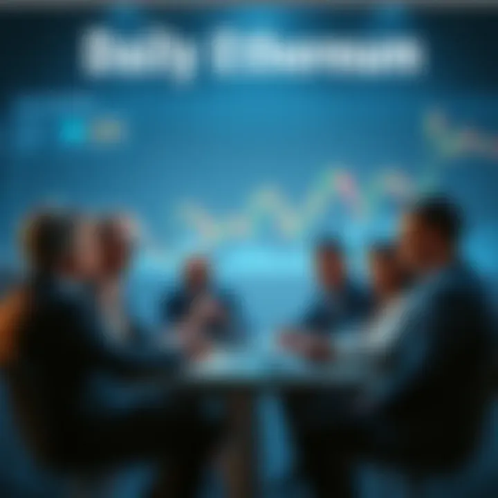 A group of people engaging in a discussion about Ethereum, with charts and price graphs in the background.