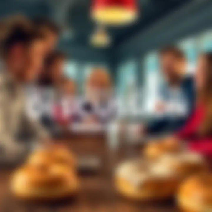 A group of people engaging in a lively discussion with donuts on a table in front of them
