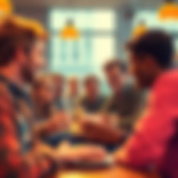 Group of people engaged in a lively discussion about donuts and other topics in a friendly setting