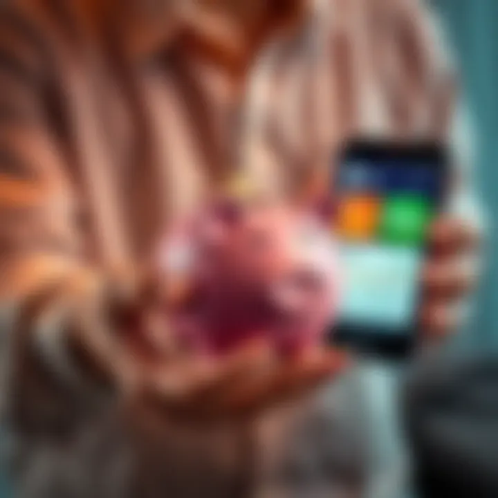 Daily Investment Strategy A person holding a piggy bank with coins and a smartphone showing investment apps, signifying daily investment practices.