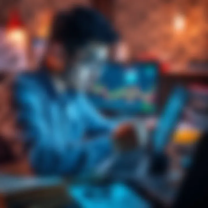 A person studying financial charts and graphs on a laptop, surrounded by currency notes and investment books, illustrating the concept of daily investing.