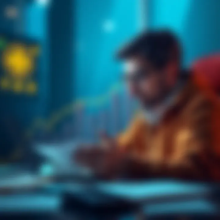 Graphic showing a person calculating investment plans for daily accumulation of Kaspa cryptocurrency, targeting 100K KAS by year-end.