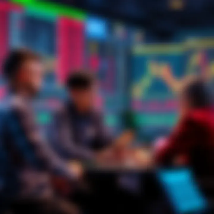 People engaged in a lively discussion about trading strategies, with charts and graphs in the background.