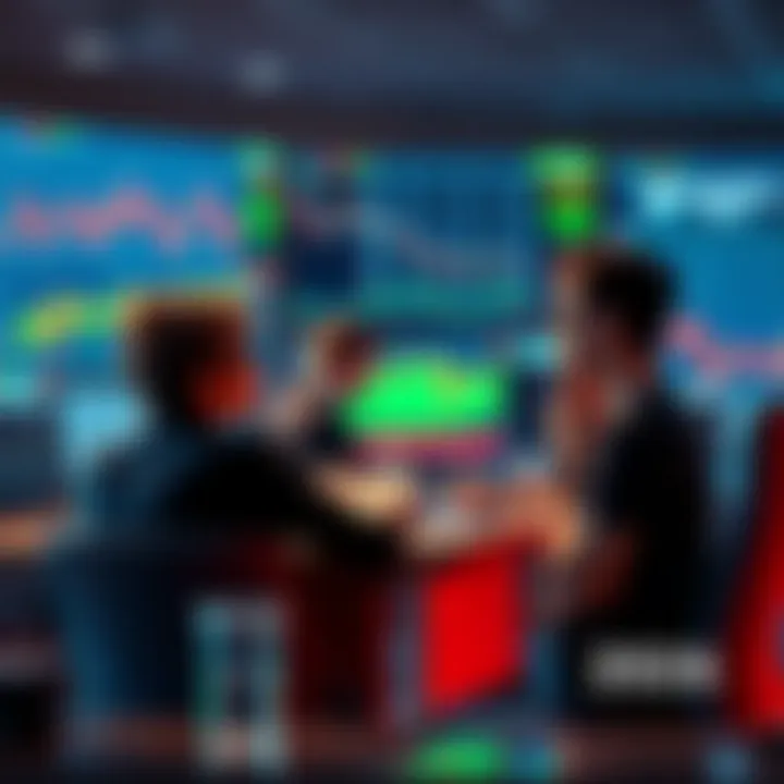 People engaging in a trading discussion with charts and graphs on screen