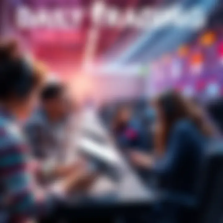 Graphic showing people engaging in daily trading to earn rewards like voucher packs and benefits