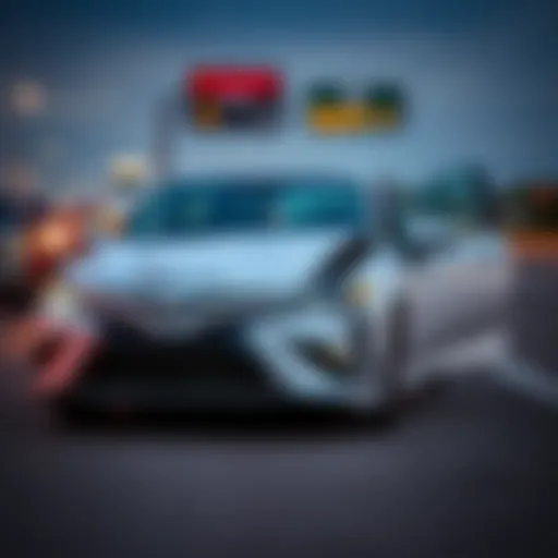 A damaged 2023 Toyota Camry XSE parked with visible front-end damage after hitting debris on the interstate.