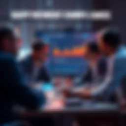 A team of developers discussing compliance and tax strategies for DApp payments, with charts and digital wallets on a screen