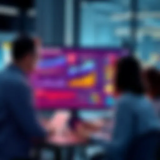 A business team discussing data protection methods with charts and graphs on a screen, highlighting the importance of securing sensitive information.