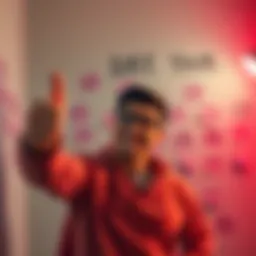 A person celebrating their success on the first day of a challenge, smiling and showing a thumbs up, with motivational notes in the background.