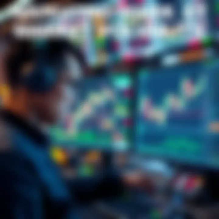 A day trader looking at multiple screens with stock charts and graphs during a volatile market
