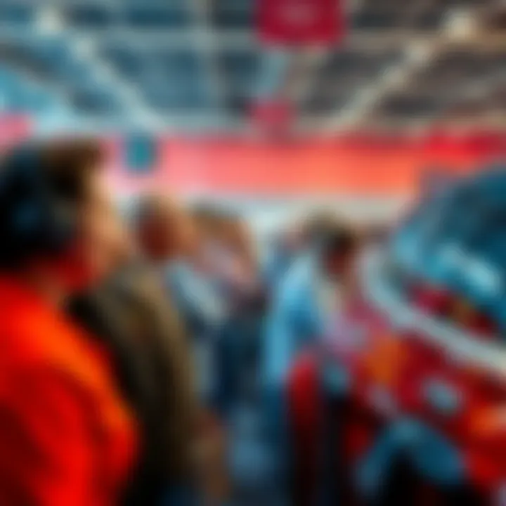 A group of car dealers actively participating in a bidding auction, highlighting the competitive atmosphere.