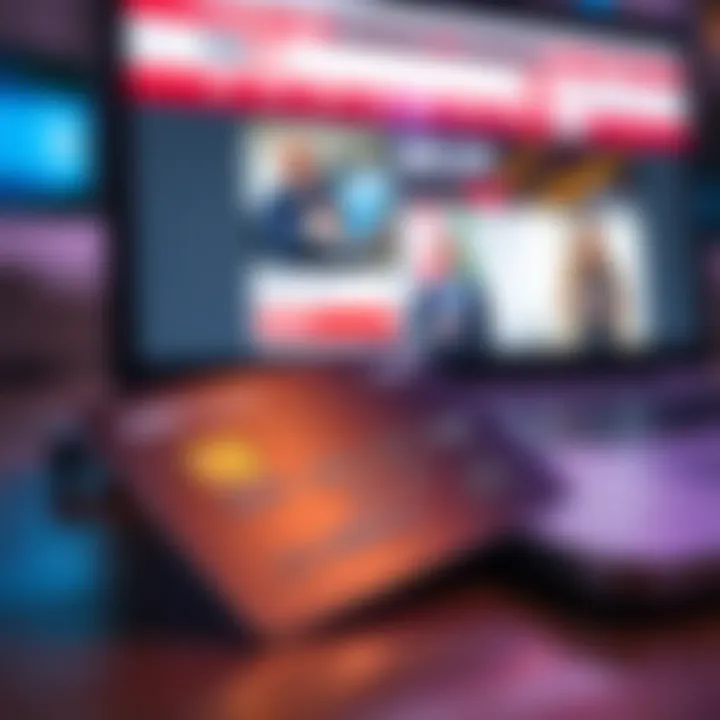A close-up of a debit card next to a laptop displaying an online bidding website, highlighting the concept of online transactions.