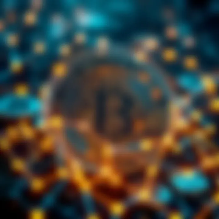 A visual representation of blockchain technology and decentralization with digital currency symbols.