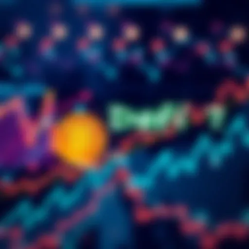 Graphic showing decentralized finance symbols and charts representing market trends.