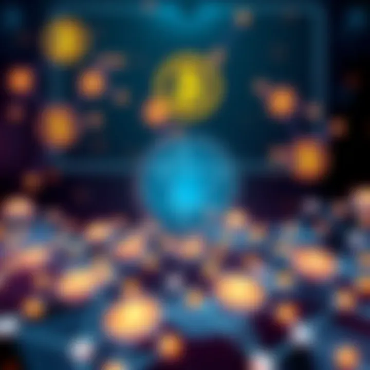 A visual representation of a decentralized payment network with digital currency symbols and interconnected nodes, showcasing speed and security features.