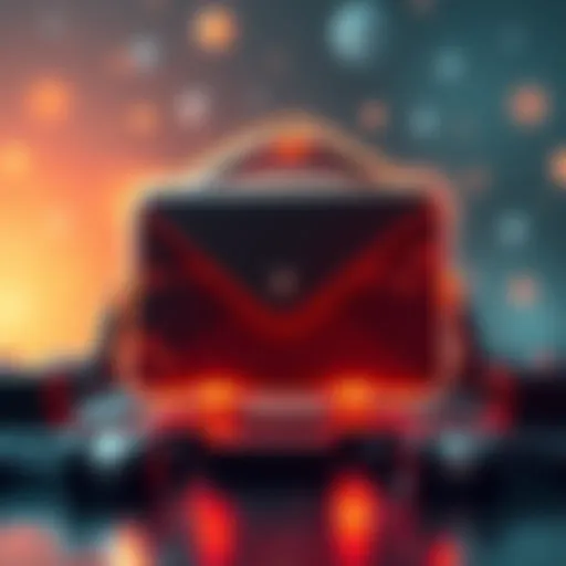 Graphic showing a secure and private email system, with symbols of privacy and decentralization