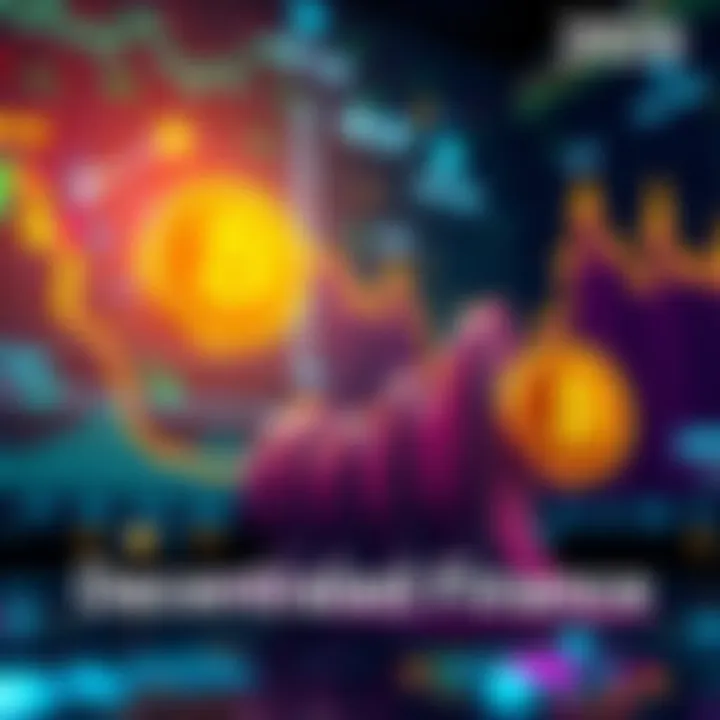 A digital representation of decentralized finance with graphs, charts, and blockchain symbols showing fluctuating yield generation in 2026