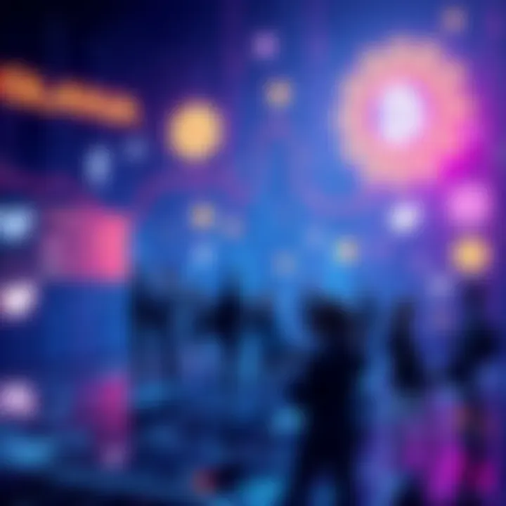 Visual representation of decentralized social media concept with people engaging on a digital platform and blockchain symbols in the background.