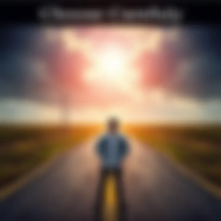 A person standing at a fork in the road, considering their choices with a thoughtful expression.