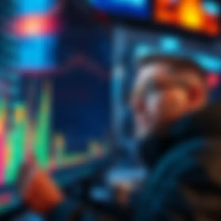 Graph showing falling prices of popular memecoins like DOGE and SHIB, with a worried investor looking at the screen