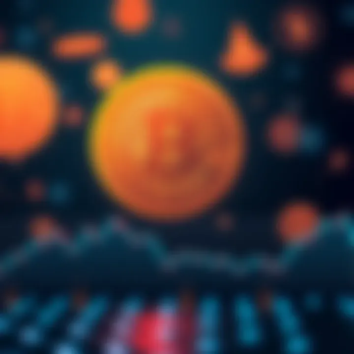 A downward trend graph showing Bitcoin's value dropping sharply, with digital currency symbols fading in the background.