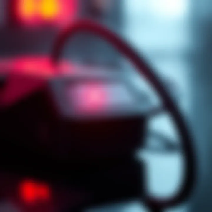 A close-up of a Deeper Connect Mini device showing a solid red LED light indicating a malfunction or recovery issue.