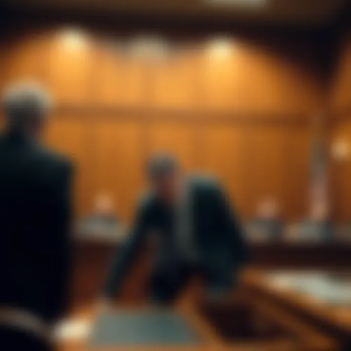 Defendant in Court A tense courtroom scene showing a defendant shifting position during a legal hearing, emphasizing the seriousness of the lawsuit.