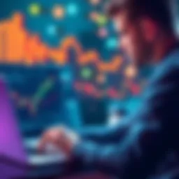 A person analyzing financial charts on a laptop, with digital currency icons in the background.