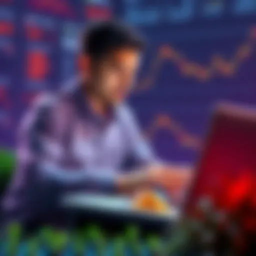 A person analyzing cryptocurrency on a laptop surrounded by charts and graphs representing growth and yield.