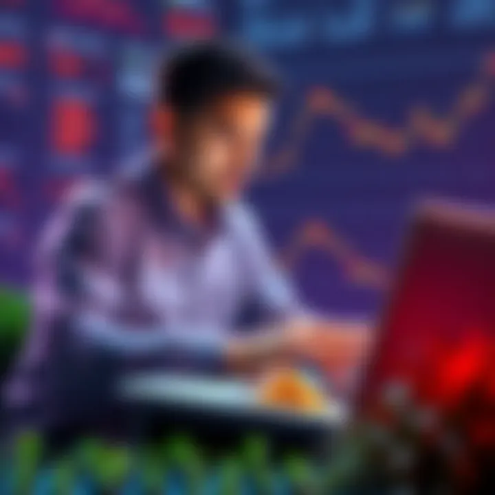 A person analyzing cryptocurrency on a laptop surrounded by charts and graphs representing growth and yield.