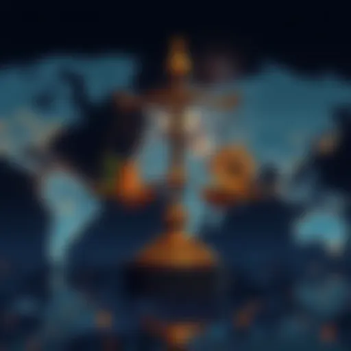 A graphic showing a balance scale with traditional finance on one side and decentralized finance symbols on the other, against a background of a world map highlighting conflict areas.