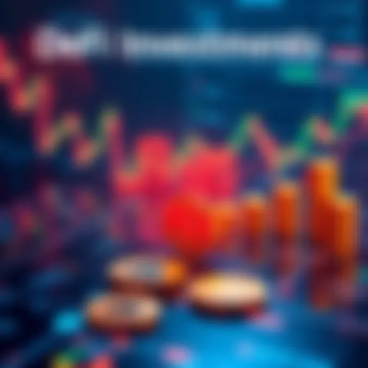 DeFi Investments A digital representation of decentralized finance with a focus on yield strategies and risk management elements, featuring graphs and tokens.